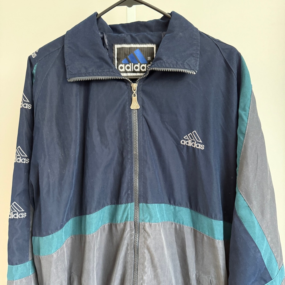 Vintage Adidas Windbreaker Jacket Navy Blue Grey Logo Track Sportswear sz 2XL - Picture 2 of 9